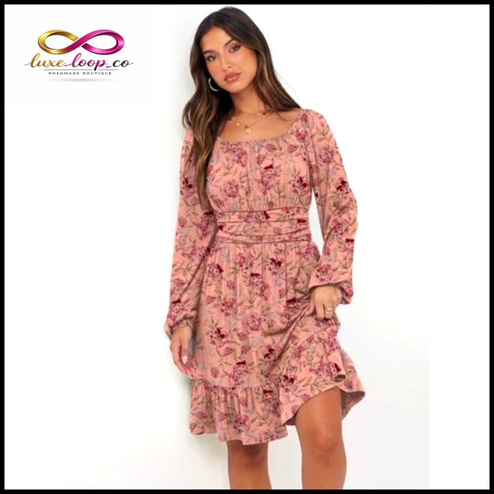 Long Sleeve Midi Dress A-Line Square Neck Elastic Waist Ruffle Hem - Picture 3 of 7